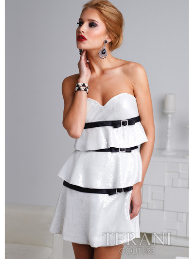 H1205 Ivory Black Sweetheart Three Belt Homecoming Dress By Terani - Ivory Black, Front View Medium