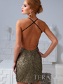 H1209 Sequin Open Back Cocktail Dress By Terani - Dark Gold, Back View Thumbnail
