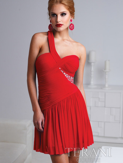 H1218 Pleated And Jewled One Shoulder Homecoming Dress By Terani - Red, Front View Medium