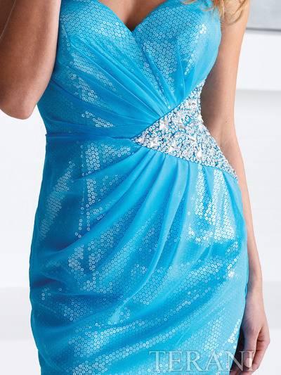 H1248 Strapless Chiffon Overlay Sequin Homecoming Dress By Terani - Turquoise Silver, Alt View Medium