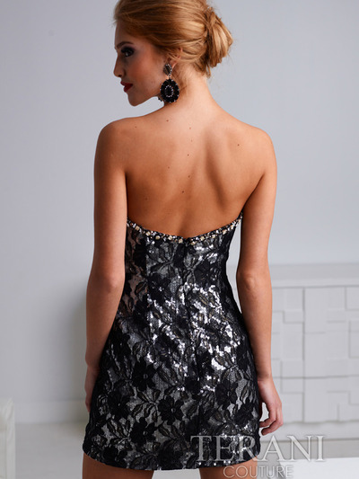 H1254 Sweetheart Black Lace Cocktail Dress By Terani - Black, Back View Medium