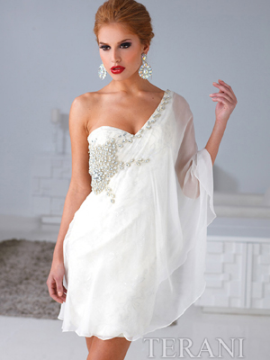 H1260 Cream Floral Embroidery Chiffon Overlay Cocktail Dress By Terani, Cream