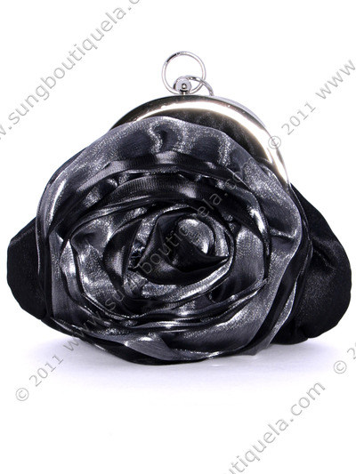 HBG8643 Black Grey Rosette Evening Bag - Black, Front View Medium