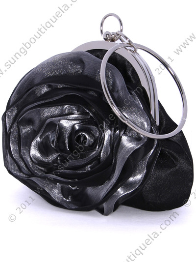 HBG8643 Black Grey Rosette Evening Bag - Black, Alt View Medium