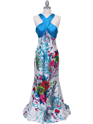 HK9176 Blue Halter Printed Evening Dress, Blue