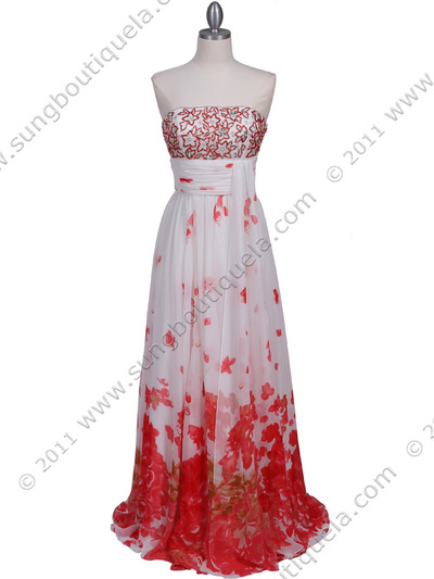 HK9196 White Red Printed Prom Evening Dress - White Red, Front View Medium