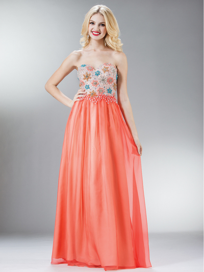 J7006A Floral Embellished Bodice A-line Prom Dress - Coral, Front View Medium