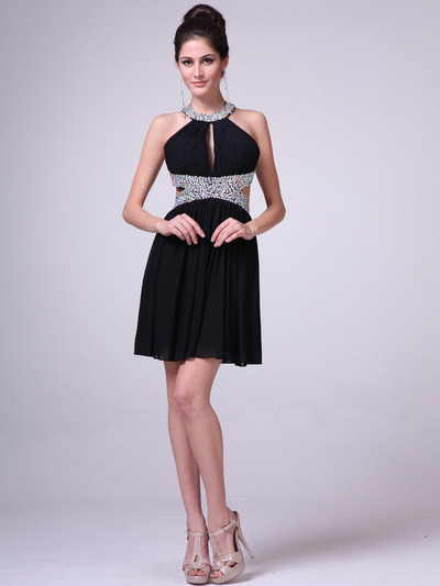 J721 Halter Neck Side Cutout Cocktail Dress - Black, Front View Medium