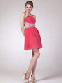 J721 Halter Neck Side Cutout Cocktail Dress - Coral, Front View Thumbnail