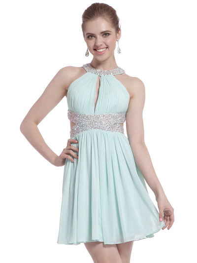 J721 Halter Neck Side Cutout Cocktail Dress - Mint, Front View Medium