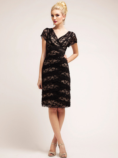 J8002 Lace and Elegant Layer Cocktail Dress - Black, Front View Medium