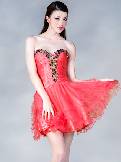 JC0011 Coral Sweetheart Jeweled Cocktail Dress - Coral, Front View Medium