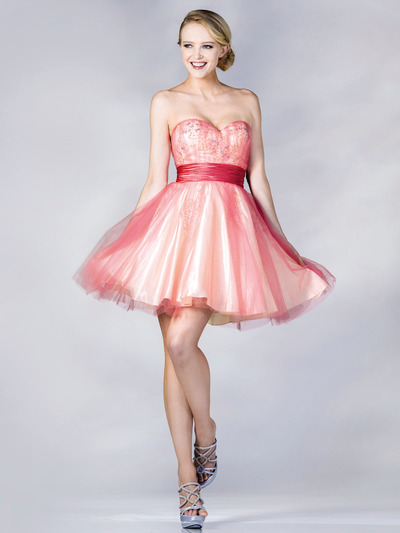 JC009 Mesh Layer Sweetheart Homecoming Dress - Watermelon, Front View Medium