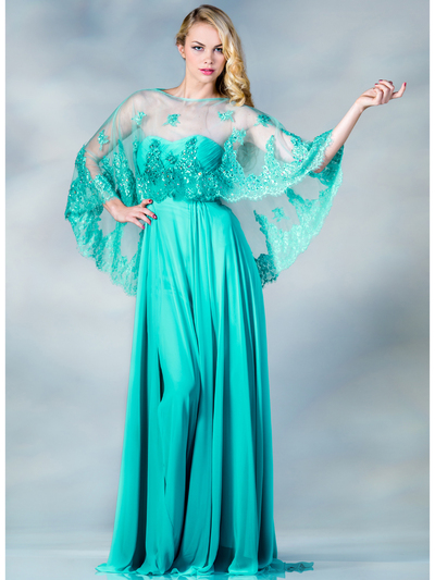JC0136 Mint Evening Dress with Poncho - Mint, Front View Medium