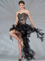 JC0211 Black and Nude Beaded High Low Prom Dress - Black Nude, Front View Thumbnail