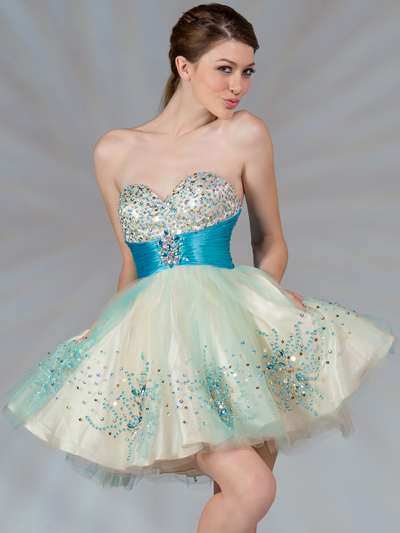 JC022 Dual Color Short Prom Dress - Nude Turquoise, Front View Medium