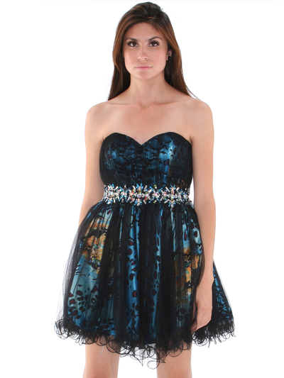 JC030 Strapless Net Overlay Short Homecoming Dress - Turquoise, Front View Medium