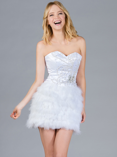 JC112 White Feathered Cocktail Dress - White, Front View Medium