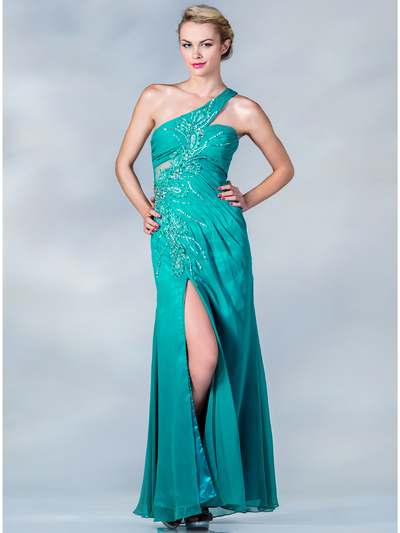 JC120 One Shoulder Beaded Evening Dress - Jade, Front View Medium