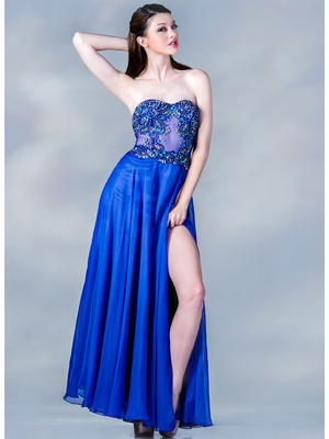 JC1481 Beaded Sheer Bodice Evening Dress, Royal