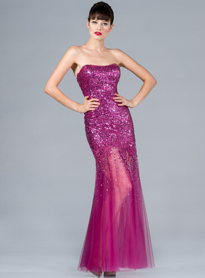 JC2207 Fuschia Sequin and Mesh Evening Dress, Fuschia