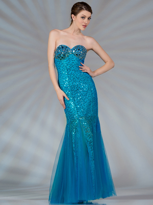 JC2251 Blue Mermaid Jeweled and Sequin Prom Dress, Blue