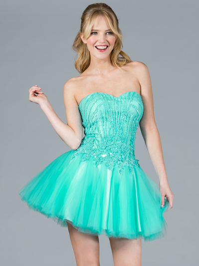 JC2252 Mint Sequin and Mesh Short Prom Dress - Mint, Front View Medium