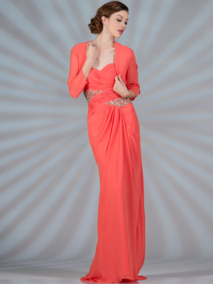JC2369 Ruched Jeweled Chiffon Evening Dress with Bolero, Coral