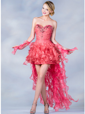 JC2419 Coral Handkerchief High Low Prom Dress, Coral