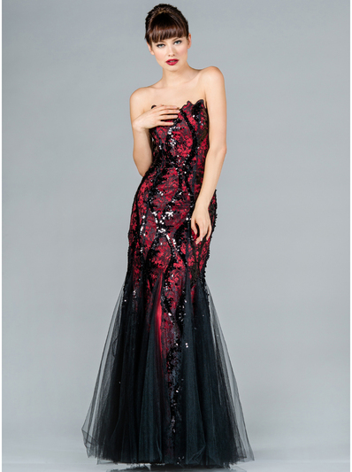 JC2425 Black and Red Lace Prom Dress - Black Red, Front View Medium