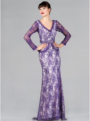JC2428 Vintage Lace Evening Dress, Eggplant White