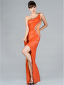 JC2465 Orange One Shoulder Sequin High Low Evening Dress - Orange, Front View Thumbnail