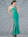 JC2466 Sheer Embroidered One Shoulder Evening Dress - Mint, Front View Thumbnail