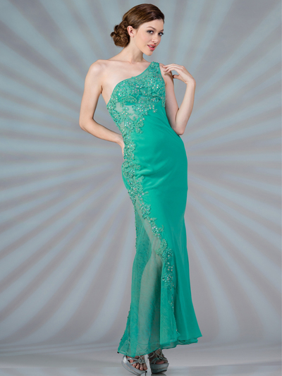 JC2466 Sheer Embroidered One Shoulder Evening Dress - Mint, Front View Medium