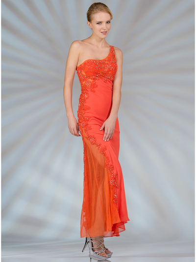JC2466 Sheer Embroidered One Shoulder Evening Dress - Orange, Front View Medium