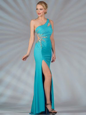 JC2506 One Shoulder Cut Out Evening Dress, Ocean Blue