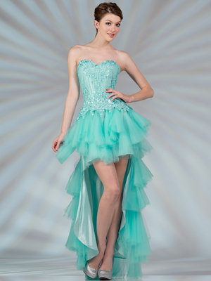 JC2507 Layered Mesh High Low Prom Dress, Mint