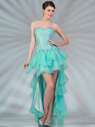 JC2507 Layered Mesh High Low Prom Dress - Mint, Front View Medium