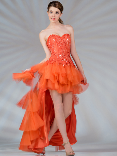 JC2507 Layered Mesh High Low Prom Dress - Orange, Front View Medium