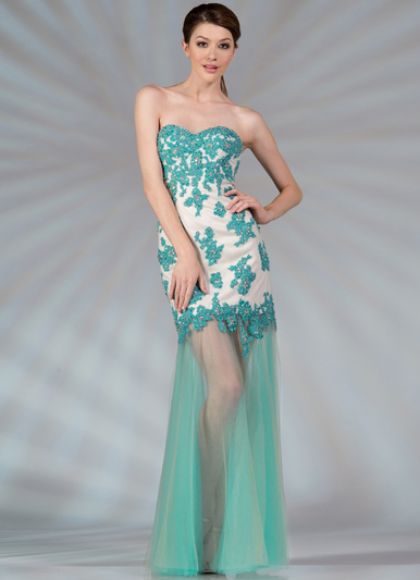 JC2554 Vintage Floral Embroidery Prom Dress - Nude Jade, Front View Medium