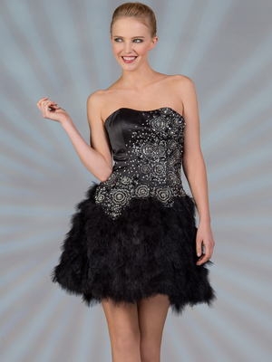 JC309 Black Feathered Cocktail Dress, Black