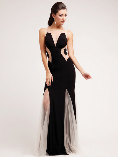 JC3200 Mesh and Cut-out Evening Dress - Black, Front View Medium