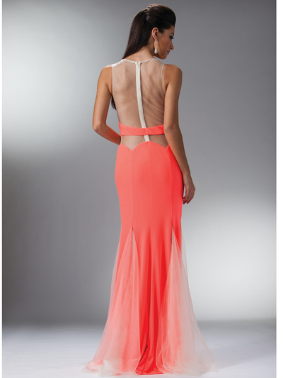 JC3200 Mesh and Cut-out Evening Dress - Neon Pink, Back View Medium