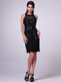 JC3455 Illusion Yoke Embroidery Sheath Dress         - Black, Front View Thumbnail
