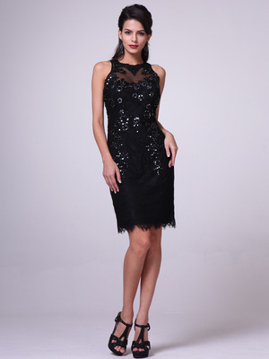 JC3455 Illusion Yoke Embroidery Sheath Dress        , Black