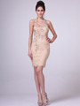 JC3455 Illusion Yoke Embroidery Sheath Dress         - Gold, Front View Thumbnail