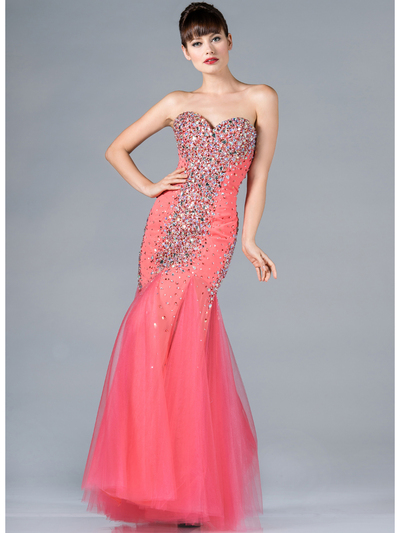 JC708 Jeweled Prom Dress - Coral, Front View Medium