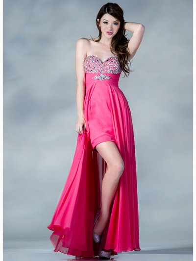 JC8100 Hot Pink High Low Beaded Prom Dress - Hot Pink, Front View Medium