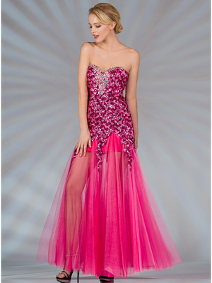 JC8102 Fuschia Sequin Mesh Prom Dress, Fuschia