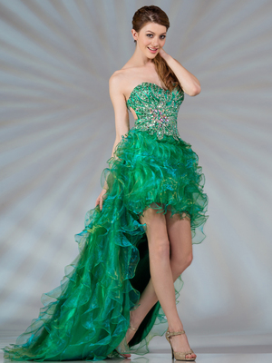JC8103 Green Jeweled High Low Prom Dress, Green
